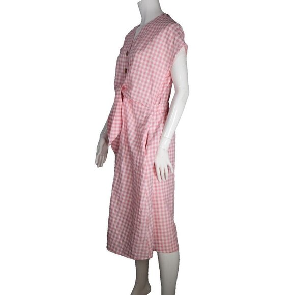 Gray Label Women's US12 Pink White Gingham Dress Tie-Up V-Neck Pockets Midi NWT - Picture 8 of 12